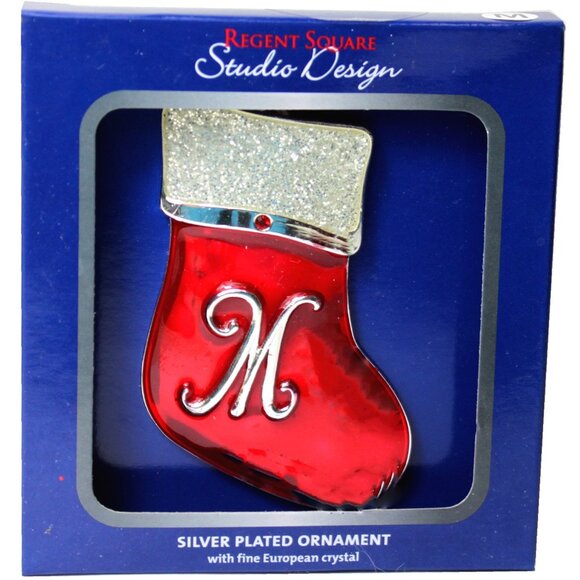 New! M Monogram Metal & Enamel Christmas Ornament Silver Plate + Fine Crystal - Picture 1 of 1